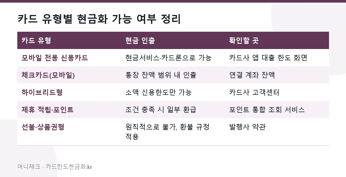 카드 유형별 현금화 가능 여부 정리
