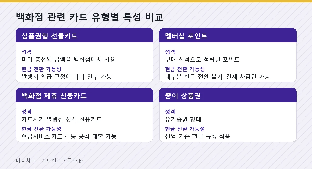 백화점 관련 카드 유형별 특성 비교