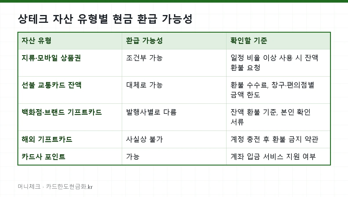 상테크 자산 유형별 현금 환급 가능성